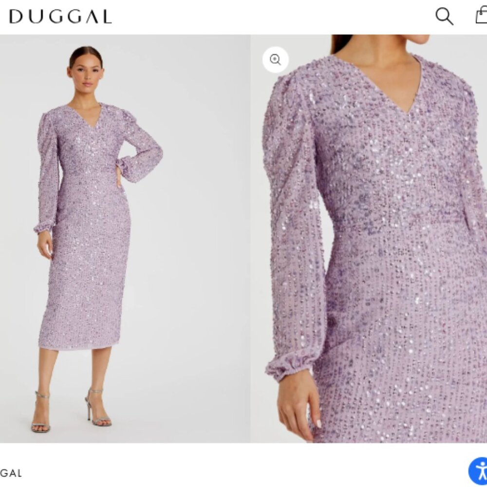 Mac Duggal 107641 Purple Sequin Illusion Puff Sleeve V Neck Midi Dress NWT Sz 10